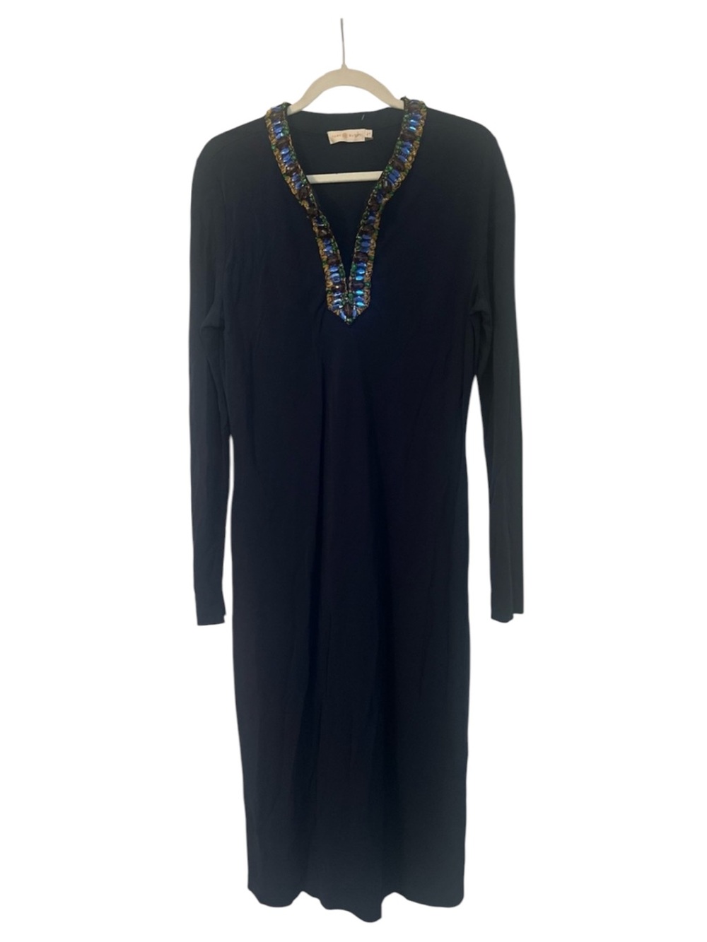 Tory Burch Navy Jeweled V-Neck Dress with Multicolor Crystals